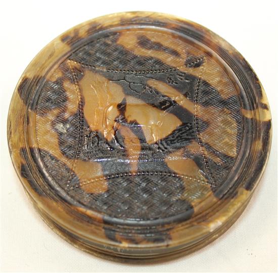 An 18th century blond tortoiseshell circular snuff box, 3in.